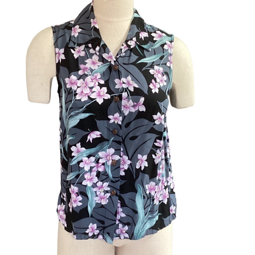 Hilo Hattie Hawaiian Sleeveless Floral Button‎ Front Top Sz S #102L